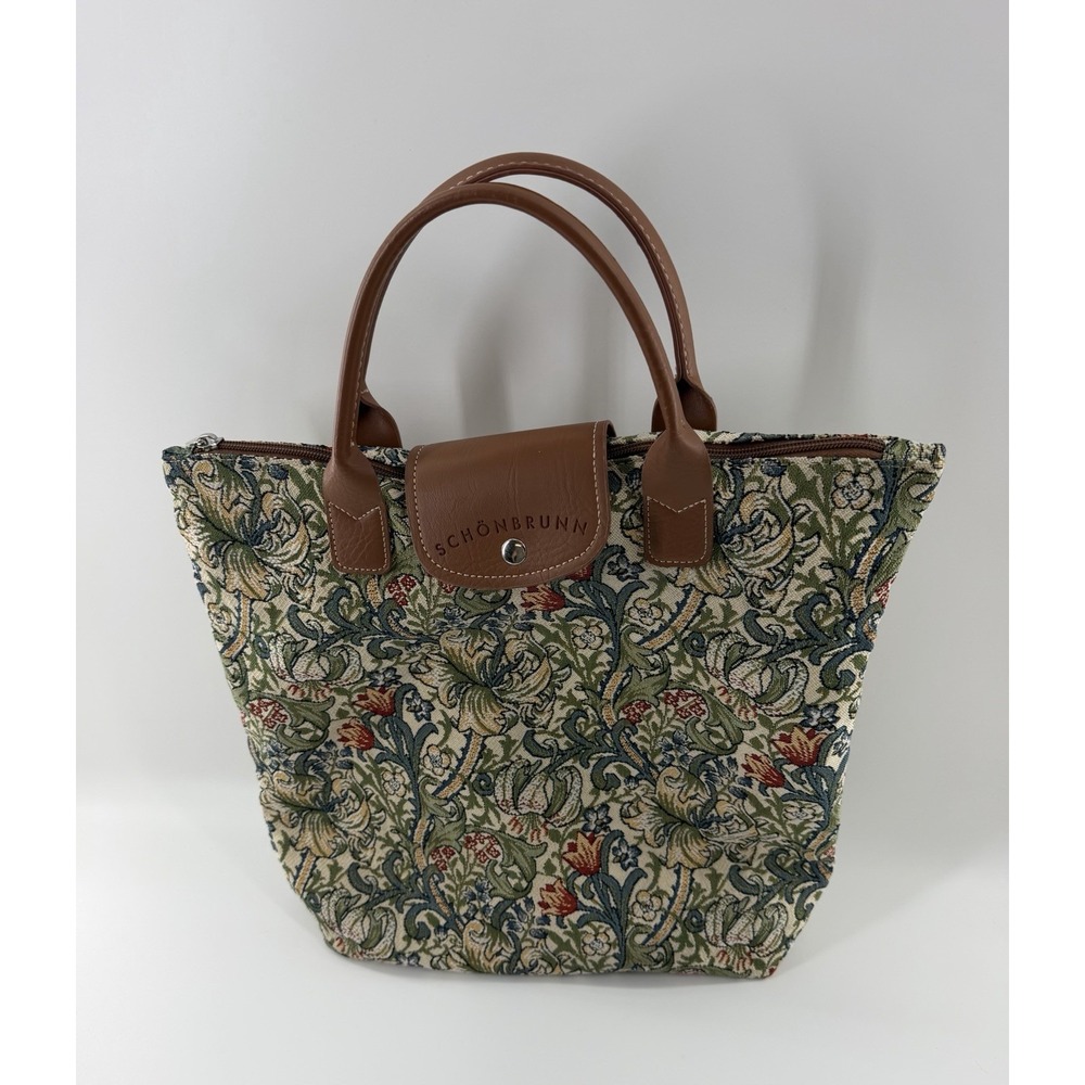 Schonbrunn Tapestry Purse Tote Floral Boho Print Green Blue Leather